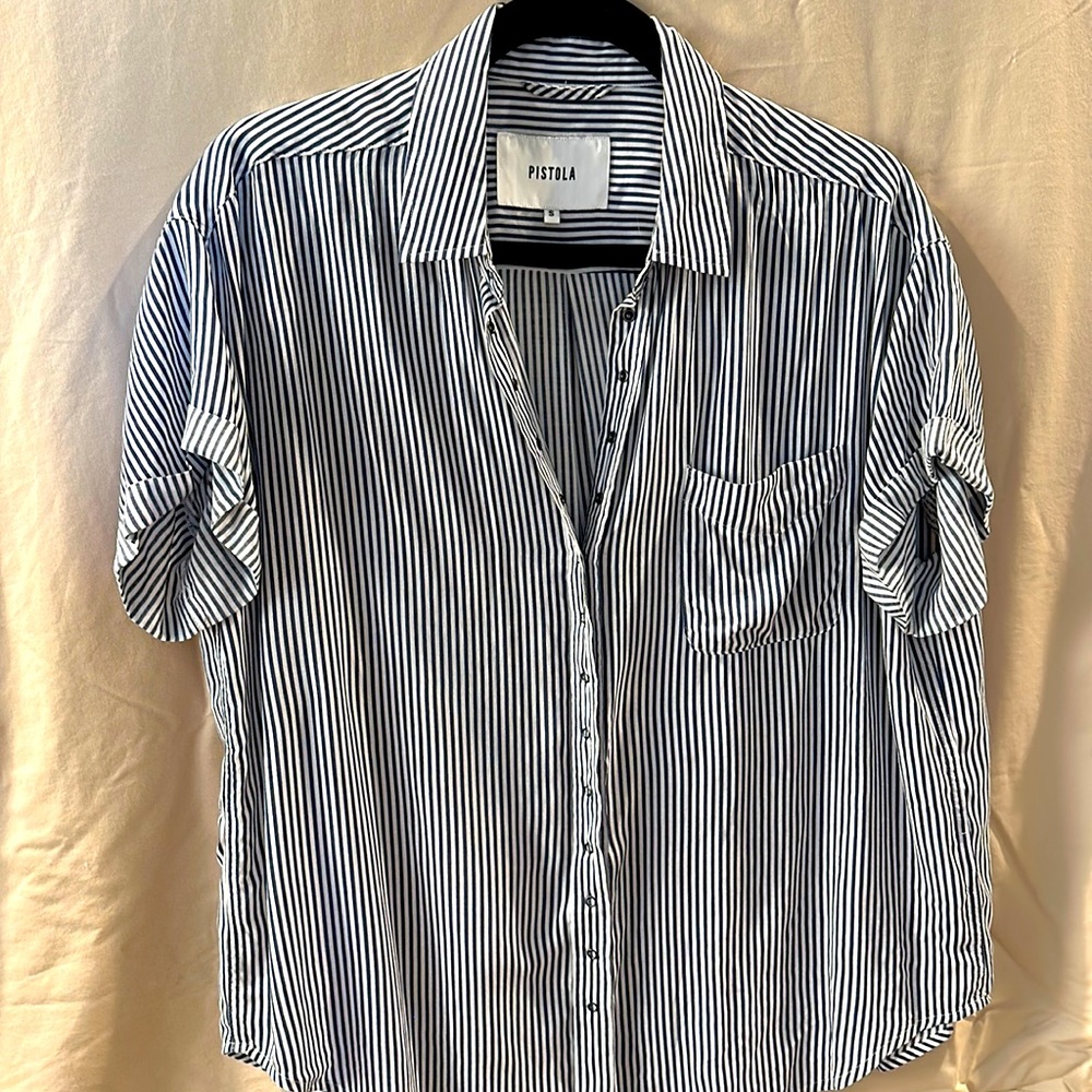 Pistola size small snap down blouse with blue and white stripes.